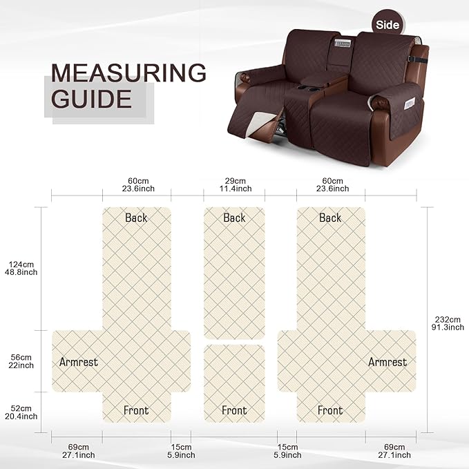 KinCam 100% Waterproof Recliner Loveseat Cover with Console, Non-Slip Reclining Couch Covers for 2 Seat, Recliner Sofa Cover Furniture Protector with Elastic Straps for Kids, Pets, Coffee