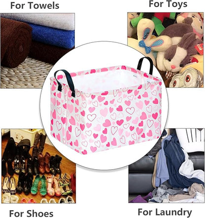 MAIZMZ Girls Gift Basket Heart Print Storage Cube for Women, Closet Shelf Organizer Bins Empty Gift Basket with Handles Nursery hamper Kids Toys Books Box Room Deco
