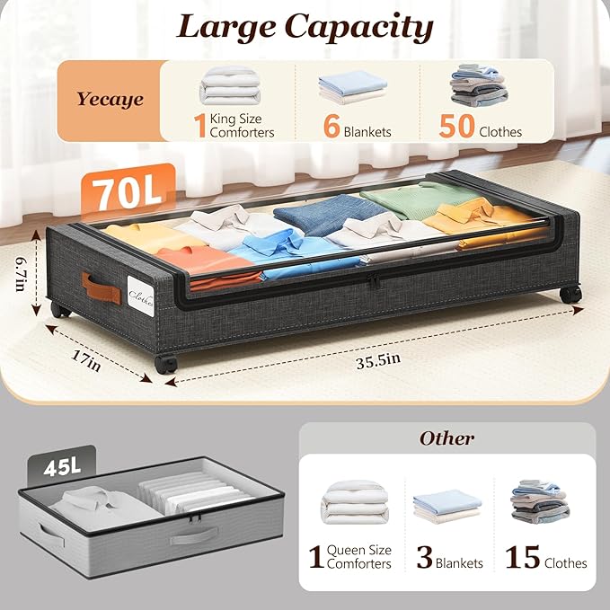 Yecaye 70L Under Bed Storage with Wheels, 2Pack Larger Capacity Under Bed Storage Containers, Underbed Shoe Storage Organizer, Rolling Under Bed Metal Drawers for Clothes, Blankets(35.5 x 17 x 6.7in)