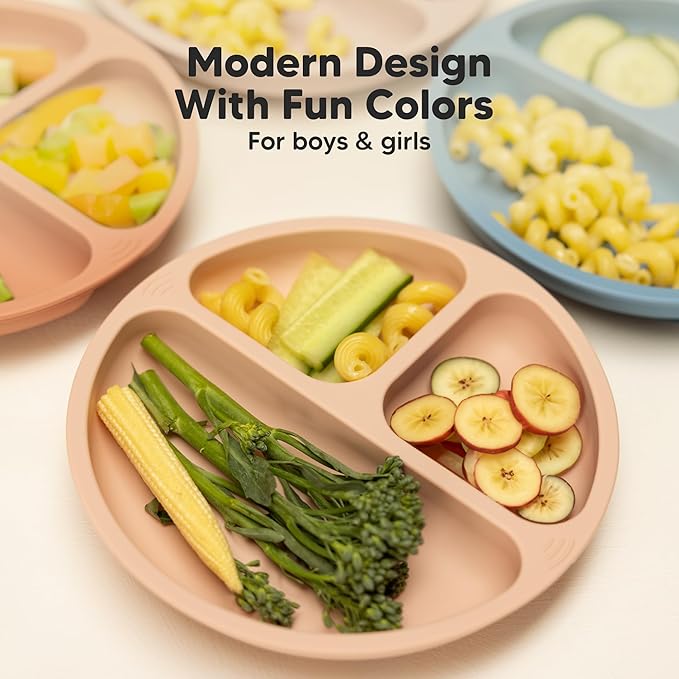 KeaBabies Suction Plates for Baby, Toddler - 3-Pack 100% Silicone Toddler Plates, Divided Baby Plates with Suction, Silicone Plates for Baby, Kids, BPA-Free, Microwave, Dishwasher Safe (Quantum)