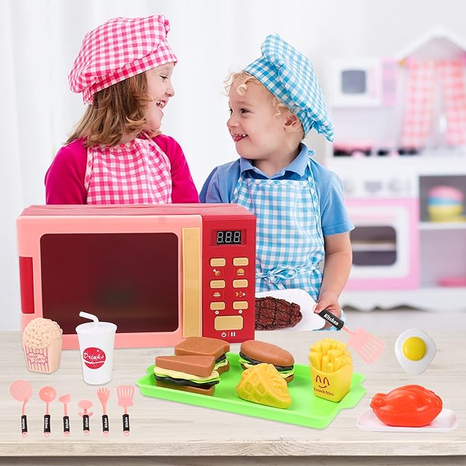 Toy Microwave Oven Playset with Light and Sound, Toy Kitchen Appliances for Kids, Play Kitchen Accessories and Toy Food for Toddlers 3 Year Old Up Girls Boys, Red