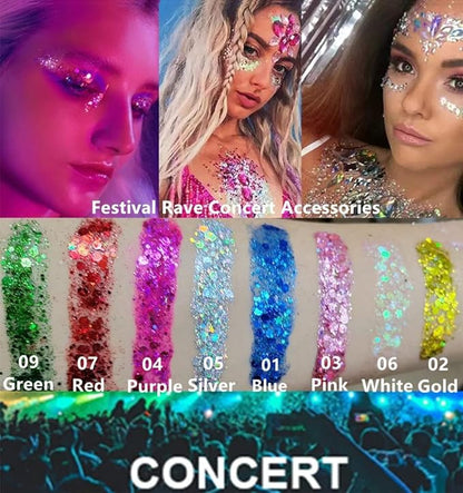 Go Ho White Silver and Gold Face Body Glitter Gel,Holographic Long Lasting Chunky Sequins Glitter Makeup for Singer Concerts,Parties,Performances,Stages,Festival Rave Accessories