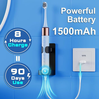 Sonic Electric Toothbrush for Adults and Kids, Comes with 10 Brush Heads & Travel Case, 5 Modes with 2 Minutes Built in Smart Timer, One Charge for 90 Days, 42,000 VPM Motor (Blue and White)