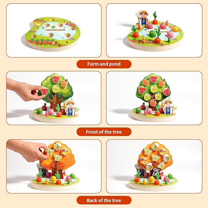 INIFEIDALA Montessori Wooden Preschool Educational Toy Ages 3-5 - Apple Picking Magnetic Fruit Tree, Shape Color Sorter, Carrot Harvest & Fishing Game - Fine Motor Skills Development
