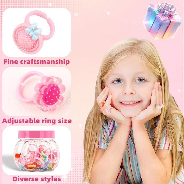 Little Girl Jewel Rings, Adjustable Pink Rings Girls Kids Pretend Play and Dress up Jewelry Set, Cute Rings with Display Case Party Favors Toys Gifts