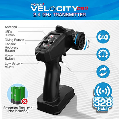 Force1 Velocity Pro LED RC Boat- Remote Control Boats for Adults and Kids, Underwater Speed Racing Mini RC Toy for Pools and Lakes, LEDs, 2.4GHZ Transmitter, Rechargeable Batteries, Low Battery Alert