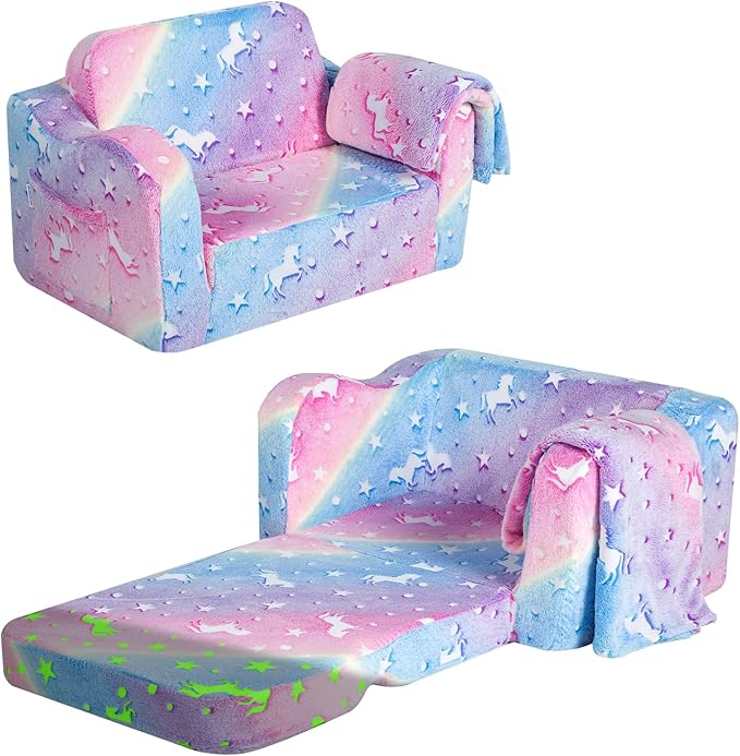 MeMoreCool Kids Fold-Out Couch, Convertible Glowing Rainbow Unicorn Flip Sofa Chair for Playroom, Toddler Lounger for Girls and Boys