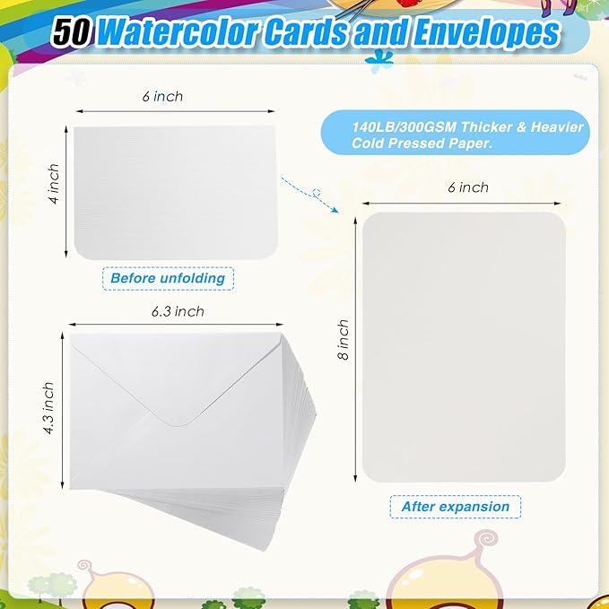 Sabary 100 Pcs Blank Watercolor Cards and Envelopes Set 140lb Heavyweight White Blank Cards Watercolor Greeting Cards Bulk for Painting Invitations Notes Wedding(4 x 6 Inch)