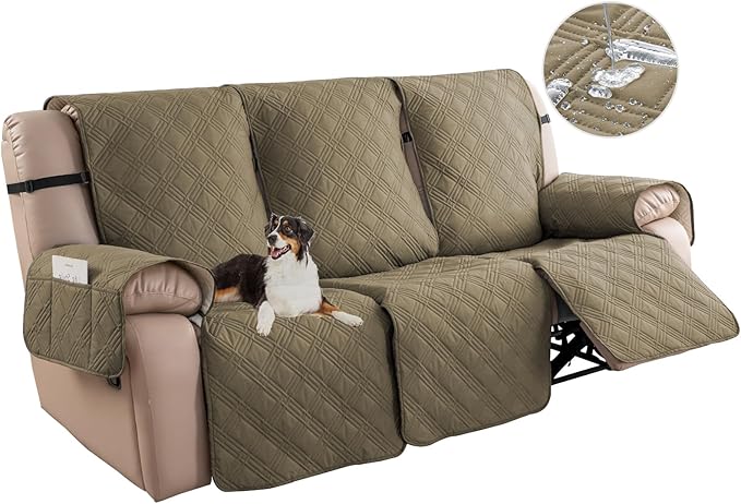 Easehomey Waterproof Recliner Sofa Cover,Non-Slip Reclining Sofa Covers for 3 Seat,Washable Reclining Sofa Cover Furniture Protector with Elastic Straps Pocket for Kids, Pets(Khaki,3Seat)