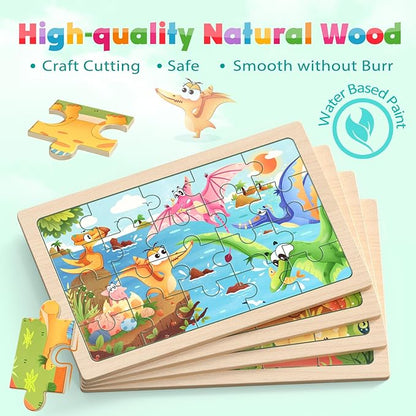 Zeoddler Wooden Puzzles for Kids 3-5, 4 Pack Dinosaur Jigsaw Puzzles for Toddlers, 20 Pieces Preschool Learning Activities, Learning & Educational Puzzles, Gift for Boys, Girls