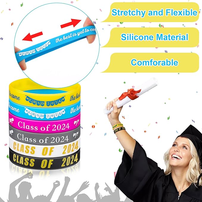 JUNEBRUSHS Class of 2024 Graduation Silicone Bracelets, Congrats Grad Rubber Bands Wristbands for Students Teachers Graduation Celebrating Party Favors High School University Gifts Supplies