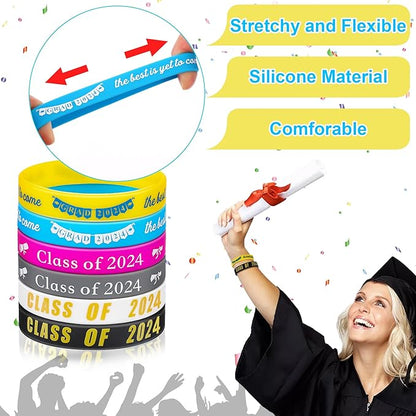JUNEBRUSHS Class of 2024 Graduation Silicone Bracelets, Congrats Grad Rubber Bands Wristbands for Students Teachers Graduation Celebrating Party Favors High School University Gifts Supplies