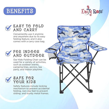 Emily Rose Kids Folding Chair | Beach Chair with Safety Lock- Camping Chair for Boys Girls Toddler with Cup Holder & Carry Case- Tailgate, Travel, Lawn- for Indoor & Outdoor (Blue Camo)