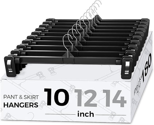 Smartor Space Saving Heavy Duty Hangers - 180 Pack, Slim Plastic Pants and Shorts Hangers, Ridged Non-Slip with Pinch Clips, 360-Rotating Chrome Swivel Hook, Black, 10 Inches