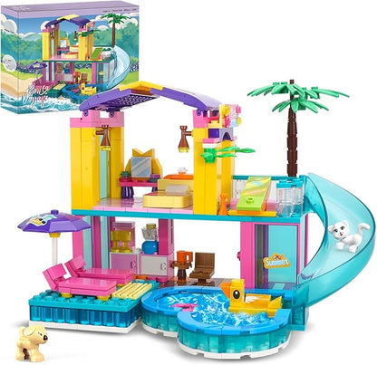 Dream Girls Friends Beach House Building Set 380 PCS Seaside Beach Villa Swimming Pool House with Slide Building Toys Summer Vacation Party Room Dream House Building Kits Gifts for Kids Girls 6-8-12