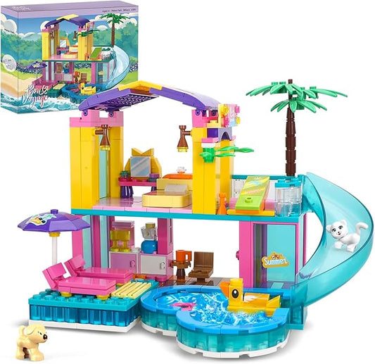Dream Girls Friends Beach House Building Set 380 PCS Seaside Beach Villa Swimming Pool House with Slide Building Toys Summer Vacation Party Room Dream House Building Kits Gifts for Kids Girls 6-8-12