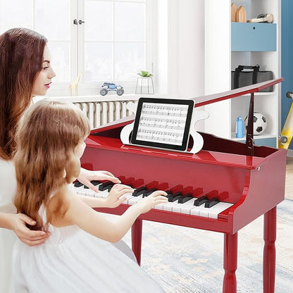 Goplus 30-Key Classical Kids Piano, Mini Grand Piano Wooden Learn-to-Play Musical Instrument Toy with Bench, Piano Lid, Music Rack, Gift for Boys Girls Aged 2+ Baby Toddler (4 Straight Leg-Red)