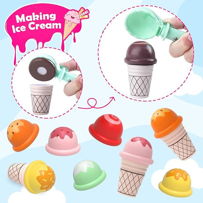 Wooden Ice Cream Toys Kids Toy Food for Toddler Girls 3+, Ice Cream Shop Playset, Pretend Play Kitchen Toys with Display Counter & Fake Money - Wooden Food Toys for 3 4 5 Year Old Girls Boys Birthday
