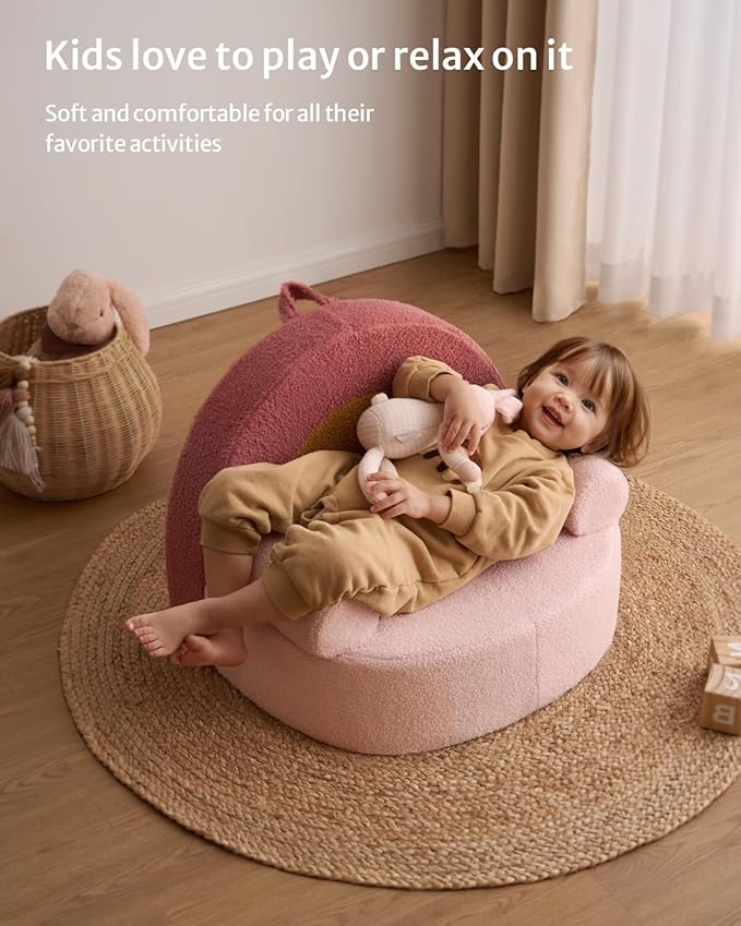 Blissful Diary Toddler Chair Comfy, Foam Kids Chair with Soft Teddy Plush, Toddler Reading Armchair with Cute Rainbow Designs- Blush Pink