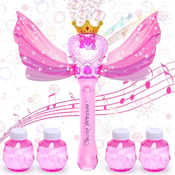 EagleStone Princess Bubble Wand for Kids Girls with LED Lights & Music, Fairy Bubble Machine Toy with 4 Bubble Solutions, Outdoor Bubble Toys for Toddlers Aged 3 4 5 6 7 8, Birthday Gift for Girls