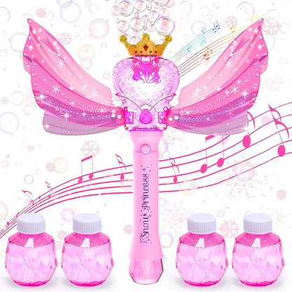 EagleStone Princess Bubble Wand for Kids Girls with LED Lights & Music, Fairy Bubble Machine Toy with 4 Bubble Solutions, Outdoor Bubble Toys for Toddlers Aged 3 4 5 6 7 8, Birthday Gift for Girls