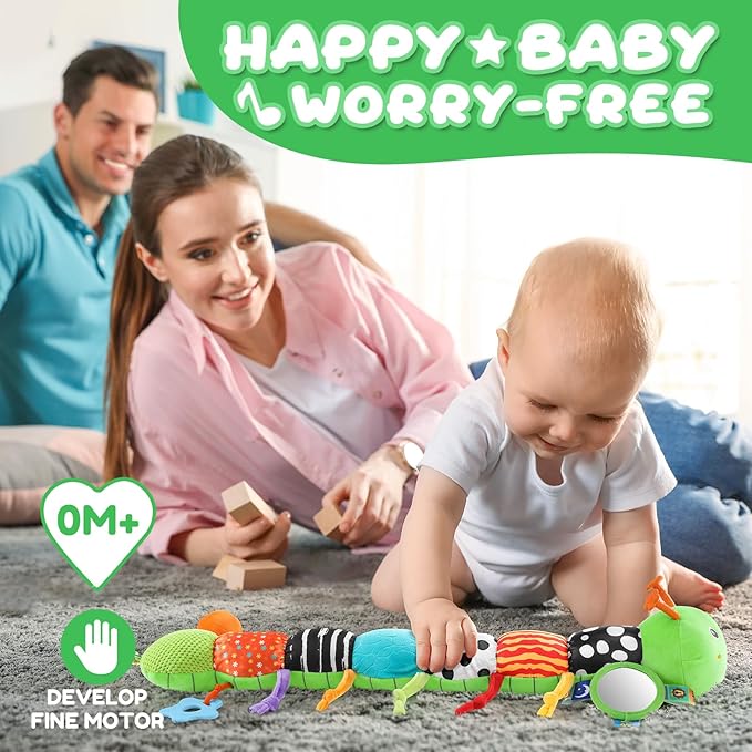 AWOTOY Baby Toys 0-6-12 Months,Musical Caterpillar Stuffed Animals Activity Infant Toys with Crinkle,Rattles,Mirror&Pull String,Muti-Sensory Toys Gifts for Newborn Tummy Time,Green,Knot prolegs