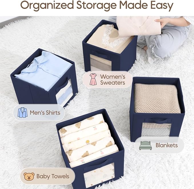 Homsorout Storage Cube 11 Inch - Cube Storage Bins with Window, Closet Storage Baskets with Handle, Fabric Bins for Closet, Shelves, Toys, Clothes, Set of 10, Navy Blue