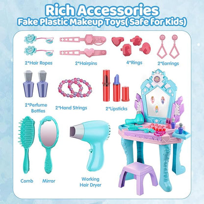 Toddler Frozen Vanity Table and Chair, Girls Magic Makeup Set with Mirror and Lights & Music, Kids Pretend Play Toys for 2 3 4 5 Year Old Girl Princess Dress Playset Birthday Gifts Ages 2-4 3-5