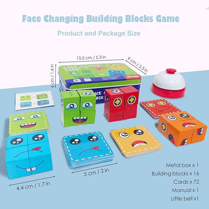 Face Changing Building Blocks Game, Wooden Expression of Face Change Magic Cube Educational Puzzles Toy Fidget Toys Cube Mini Board Game for Kids and Adults with 72 Cards (Medium)