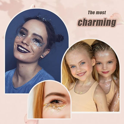 Face Body Glitter, Hair Glitter Sparkles Chunky Face Glitter Gel for Girls Makeup Singer Concerts Mermaid Festival Sequins Face Paint (Pink+Blue+Purple+Rose+White+Silver+Gold)