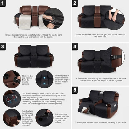 KinCam 100% Waterproof Recliner Loveseat Cover with Console, Non-Slip Reclining Couch Covers for 2 Seat, Recliner Sofa Cover Furniture Protector with Elastic Straps for Kids, Pets, Black