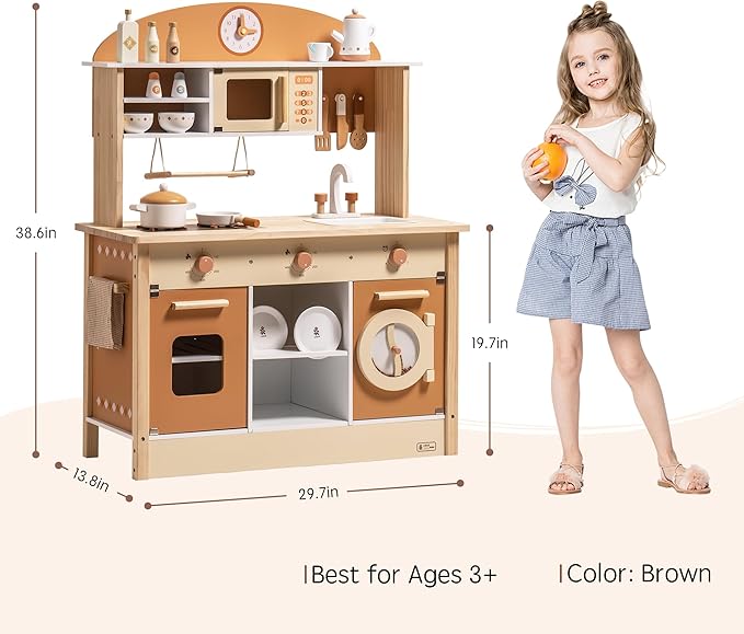 ROBUD Wooden Play Kitchen for Kids Toddlers, Kids Kitchen Playset with Realistic Accessories, Toy Kitchen Set with Plenty of Play Features, Modern Style Toy Kitchen for Girls & Boys, 3+, Caramel