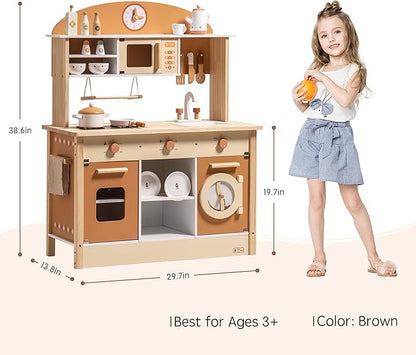 ROBUD Wooden Play Kitchen for Kids Toddlers, Kids Kitchen Playset with Realistic Accessories, Toy Kitchen Set with Plenty of Play Features, Modern Style Toy Kitchen for Girls & Boys, 3+, Caramel
