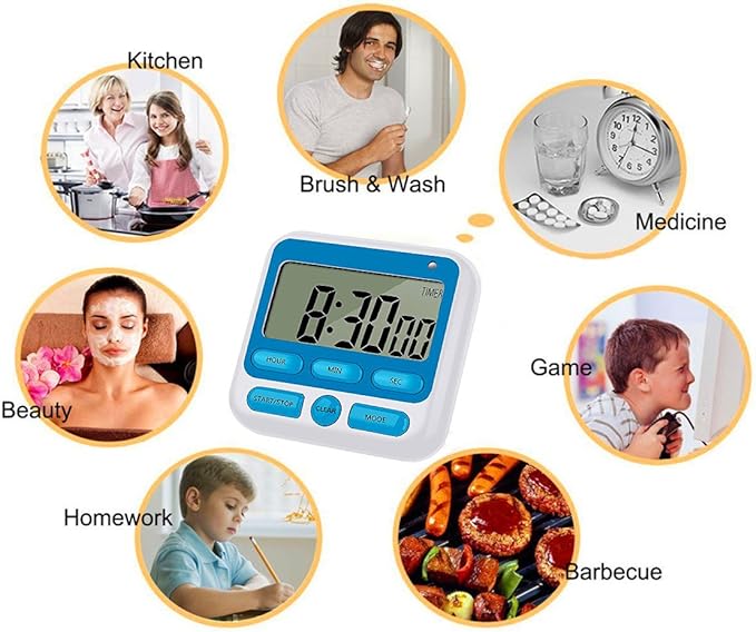 24-Hours Digital Kitchen Timer, Upgraded 12-Hour Display Clock, Big Digits, Loud Alarm, Magnetic Backing Stand, Count-Up & Count Down, Kids Timers for Cooking Baking Classroom Teachers Games(4 Pack)