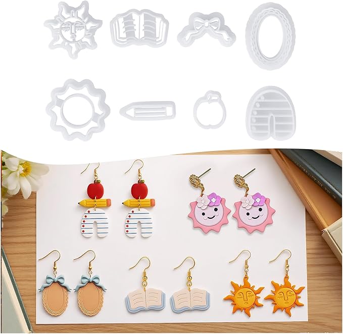 Teacher's Day & Graduation Season Polymer Clay Cutters Set - 8Pcs Sun Book Apple Pencil Bow Earring Molds for Jewelry Making, Perfect Gifts for Teachers & Students