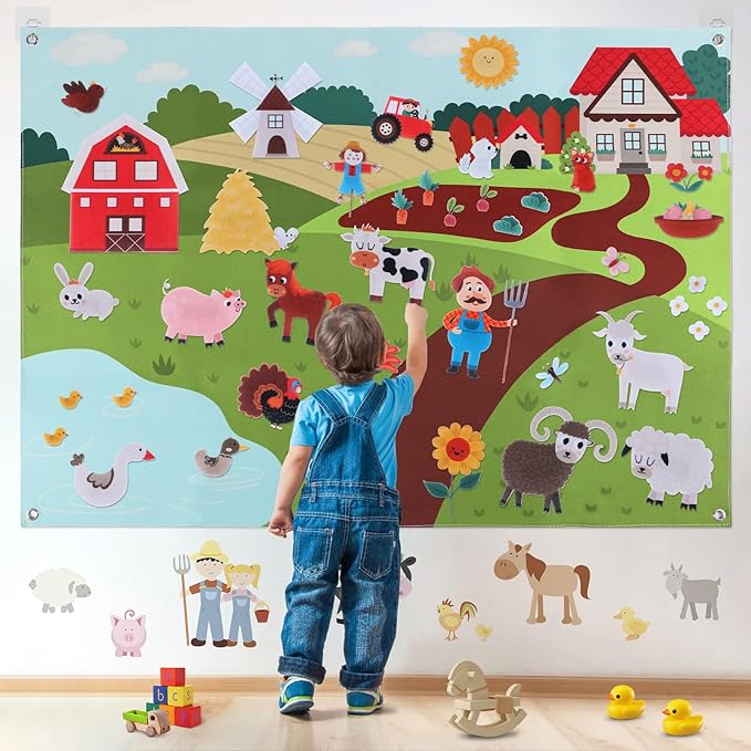 HomeMall Farm Animals Felt Board, 3.5 Ft Farmhouse Themed Felt Board for Toddlers, Preschool Early Learning Toy, Interactive Storytelling Wall Hanging Play Kit Gift for Toddlers Childrens