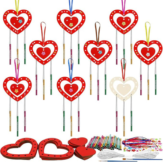 Fennoral 9 Pack Heart Wind Chime Kit for Kids Make You Own Red Heart Wind Chimes Valentine's Day Wooden Ornaments for Kids Art and Craft Valentine's Day Gifts Party Decoration