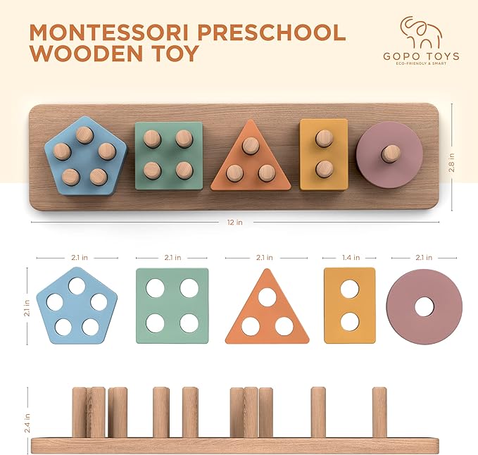 GOPO TOYS Montessori Toys for 18+ Months Old - Toddlers Wooden Sorting and Stacking Toys for Baby Boys and Girls - Shape Sorter and Color Stacker Preschool Kids Wood Gifts