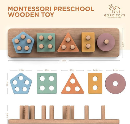 GOPO TOYS Montessori Toys for 18+ Months Old - Toddlers Wooden Sorting and Stacking Toys for Baby Boys and Girls - Shape Sorter and Color Stacker Preschool Kids Wood Gifts