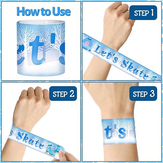 48 PCS Ice Skating Skate Slap Bracelets Party Favors, Ice Skating Wristbands Bracelets Goodie Bag Fillers for Winter Ice Skating Birthday Party Decorations Supplies for Kids Boys Girls