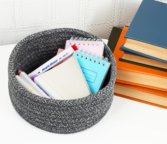 Small Basket, Set of 3 Small Woven Basket, Rope Baskets for Gifts, Cute Mini Tiny Baskets for Organizing Decor Nursery, Decorative Boho Round Storage Basket Bathroom Organization Bin (Grey)