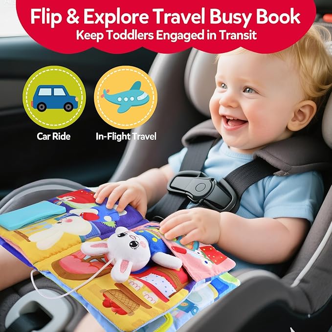 Busy Book for Toddlers 1-3, Montessori Quiet Book with 12 Activities and Attached Bunny, Soft Toddler Busy Board for Fine Motor Skills, Travel Toy Gift for 1+ Year Old Boys Girls