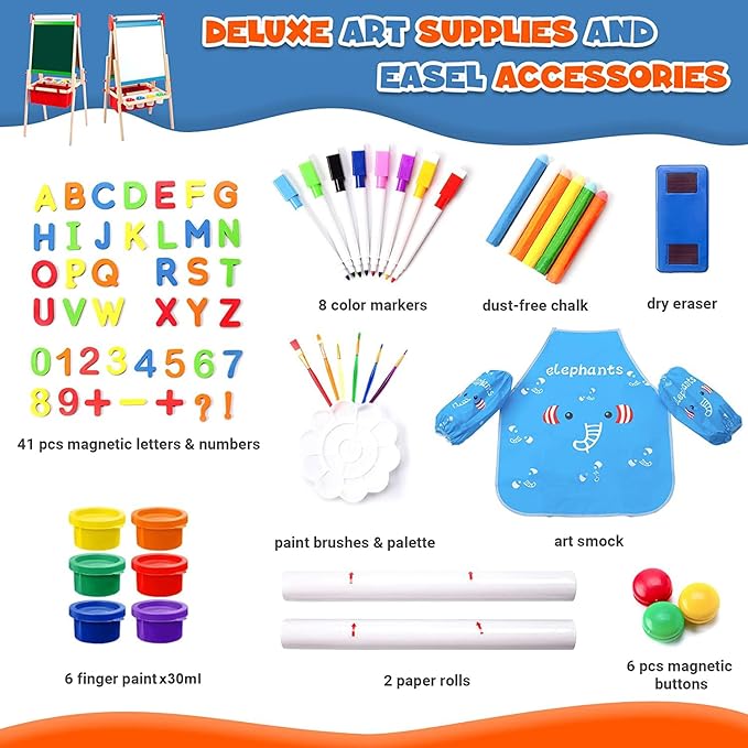 Kids Easel Including 100+ Accessories, Double Sided Wooden Easel for Kids - Magnetic Chalkboard & Painting Board & 2 Paper Rolls, Art Easel Supplies for Toddlers 3-8 Height Adjustable