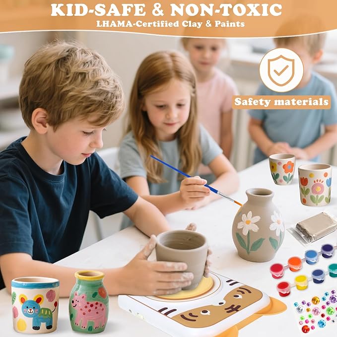 Pottery Wheel for Kids, Art Supplies Arts & Crafts Kit, Crafts Toys for Girls 6+, Pottery Studio Craft Kit with 4 Pack Air-Dry Clay,Girls Toys Birthday Christmas Gift for Kids Ages 6 7 8 9 10 11 12+