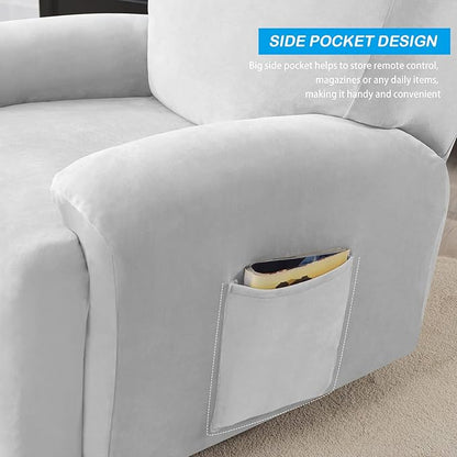 OBCREAT High Stretch Recliner Chair Cover Soft Velvet Recliner Slipcovers 4 Pieces Lazy Boy Recliner Couch Covers Plush Furniture Protector for Kids Pets (Light Grey)