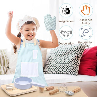 Wood Kids Play Kitchen Accessories Set, Pretend Play Cooking Toys Set, Kitchen Toys Playset for Toddlers, Toy Pots and Pans for Kids Kitchen with Fake Play Food Cookware, Girls Boys Gift