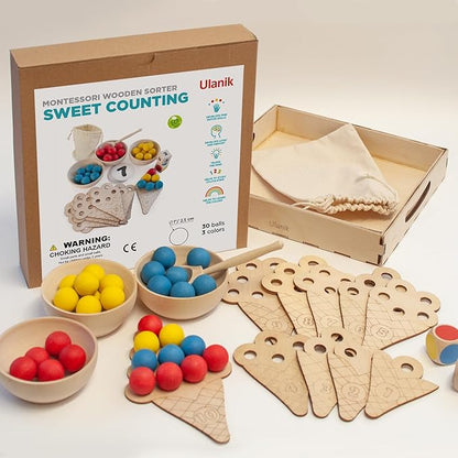 Ulanik Sweet Counting Toddler Montessori Toys for 3 Year Old + Kids Wooden Matching Game for Learning Color Sorting and Counting — 30 Balls, 0.98 in