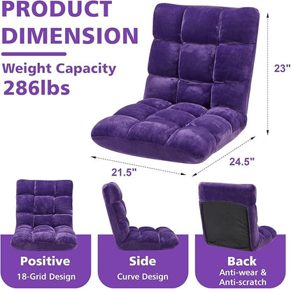 Folding Floor Chair 14-Position Cushioned Adjustable Floor Lazy Sofa Chair w/Breathable Cotton & Skin-Friendly Flannel for Adults & Kids Ideal for Reading Meditating, Purple