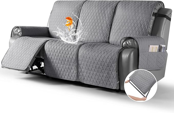 TAOCOCO 100% Waterproof Recliner Sofa Cover-Non Slip Split Couch Covers for Reclining Couches with Elastic Straps,Couch Covers for 3 Cushion Couch Sofa Pet Friendly(Light Gray, 3 Seater)