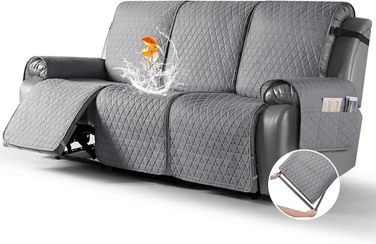 TAOCOCO 100% Waterproof Recliner Sofa Cover-Non Slip Split Couch Covers for Reclining Couches with Elastic Straps,Couch Covers for 3 Cushion Couch Sofa Pet Friendly(Light Gray, 3 Seater)
